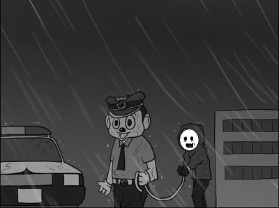 철컹 비오는날 잡혀가는 범죄자 철컹철컹 경찰  수갑 밧줄