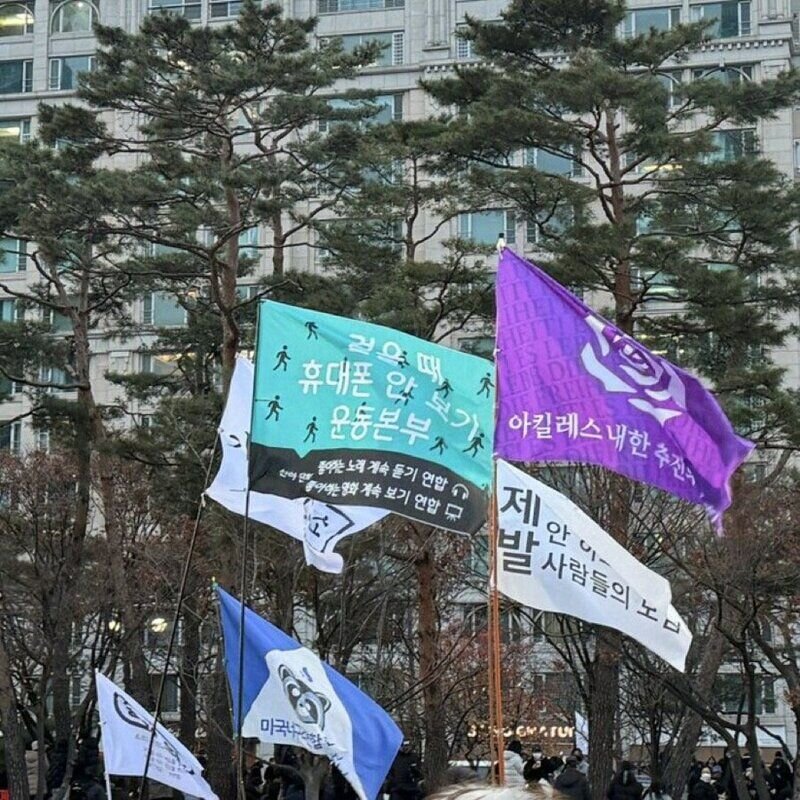 윤석열 탄핵 시위 깃발 걸을때 휴대폰 안 보기 운동본부 민주주의 깃발시위 센스