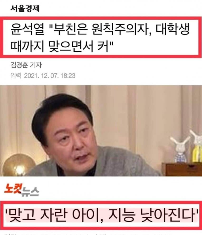 윤석열 고무호스 대학생때까지 맞았다 맞고 자란 아이 지능 낮아진다