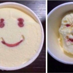 아이스크림 조각 퍼먹는 사람 미소 인상 예술